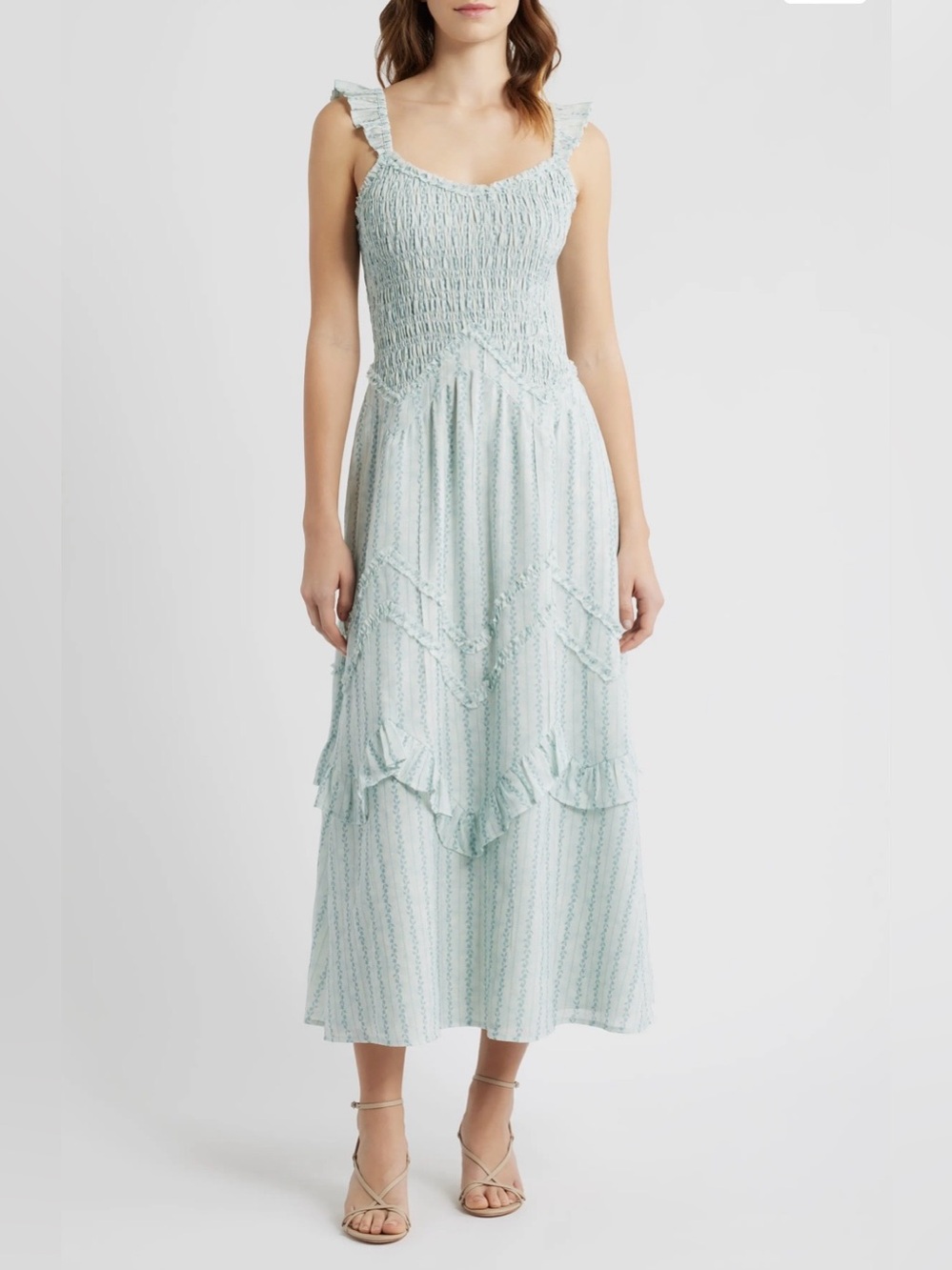 Moon River Floral Smocked Bodice Flutter Sleeve Midi Dress Size S